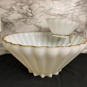 * Anchor Hocking Milk Glass & Gold Rippled Chip & Dip Set Punch Bowl Style Large